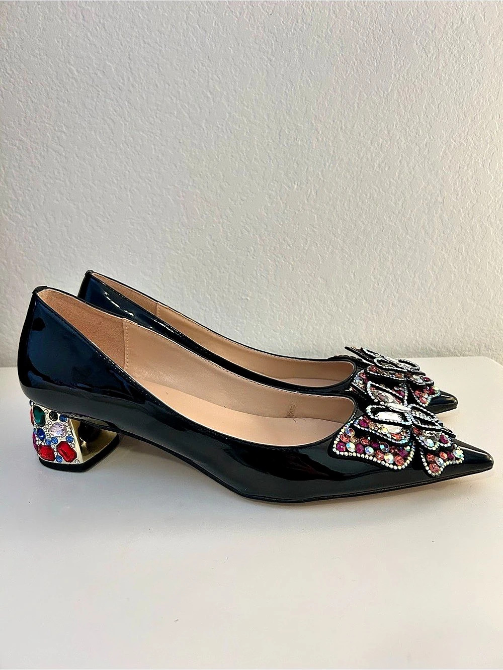 YDN Black Patent Leather Pointed Toe Colorful Rhinestone Butterfly Pumps Size 11